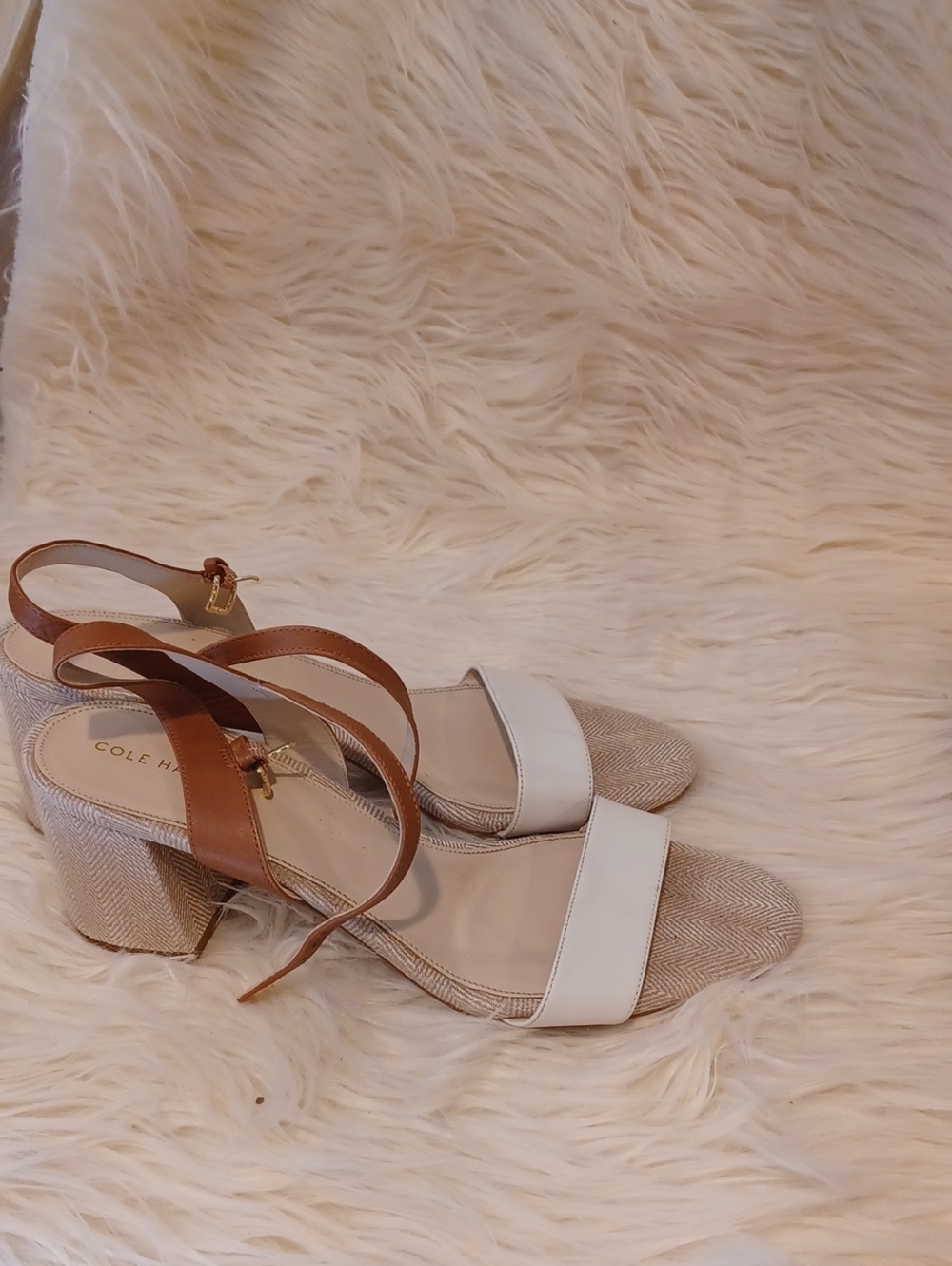 Cole Haan White and Tan Strappy Block Heel Sandals JOSIE
